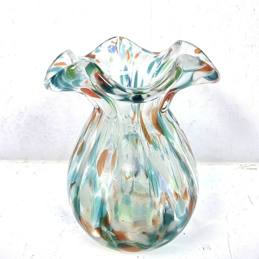 Vintage Hand Blown Murano Style Confetti Ruffled Fluted‎ Vase 4.5